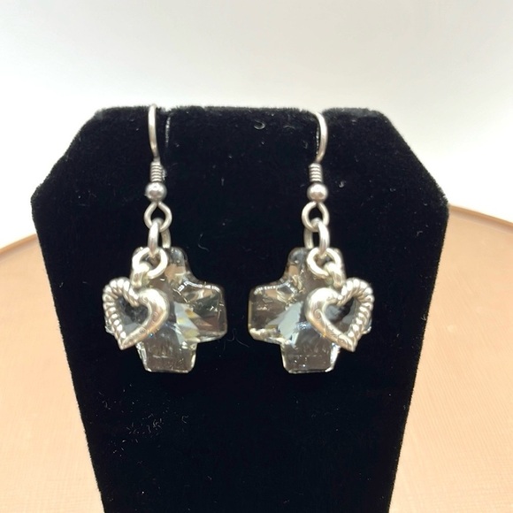Brighton Crystal Karma Cross Earrings with Heart Charms Silver Plated Dangle - Picture 3 of 12